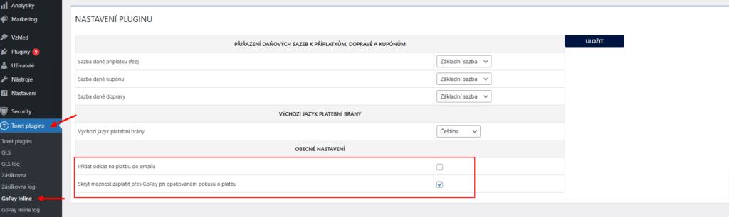 Nové funkce v nastavení pluginu GoPay Inline.