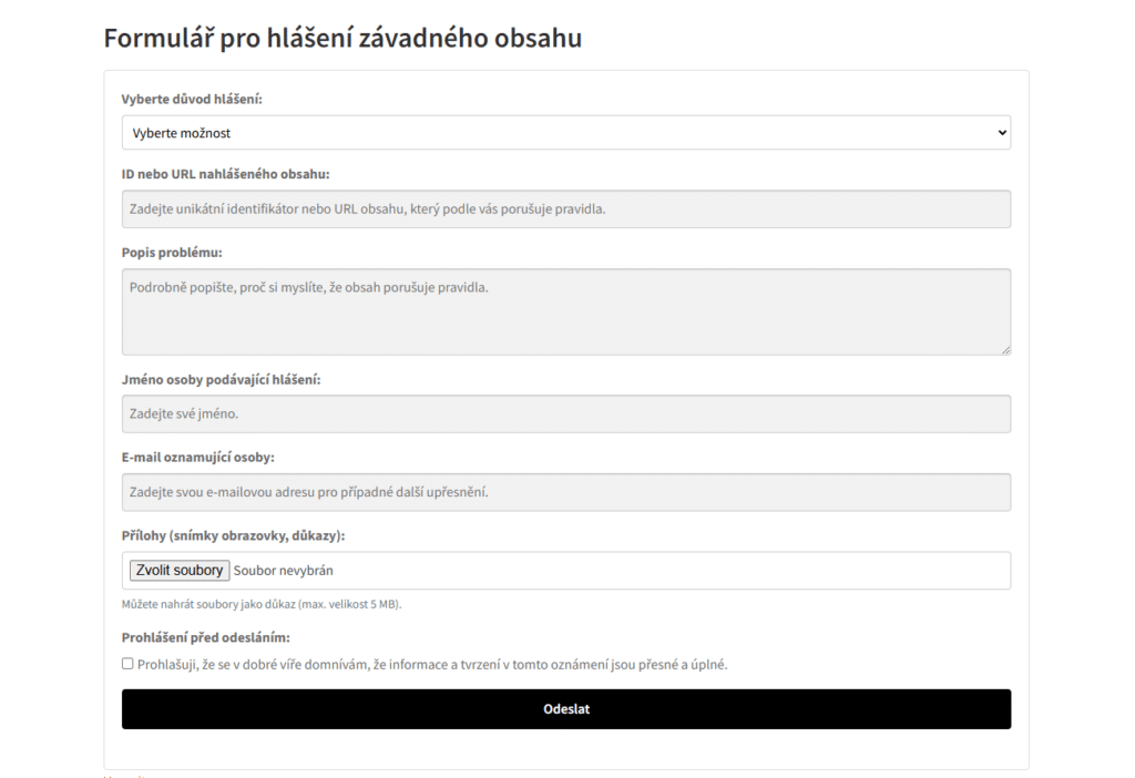 Toolkit - formulář pro hlášení závadného obsahu dle DSA