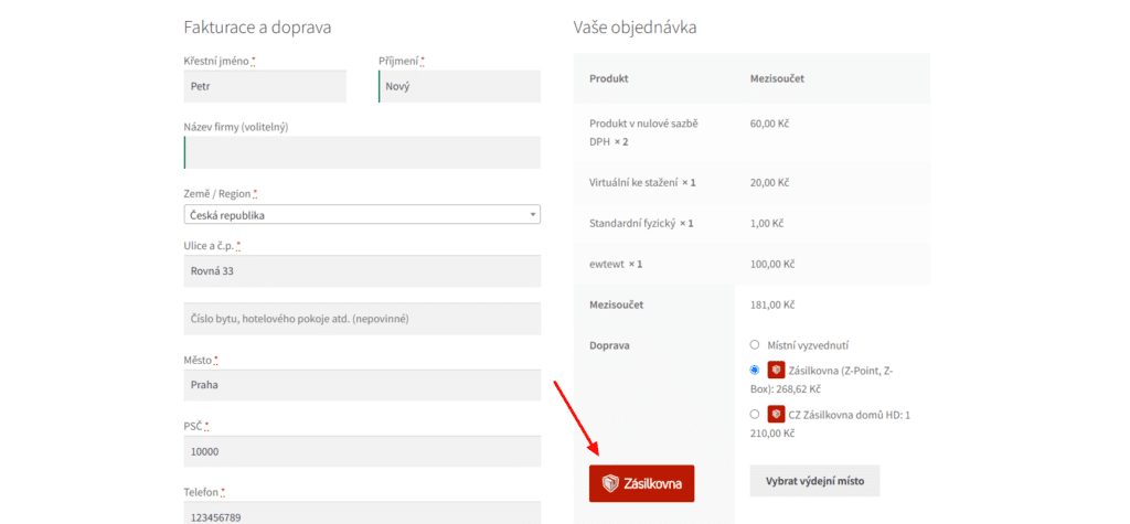 Zobrazení ikony u tlačítka pro výběr poboček Zásilkovny.
