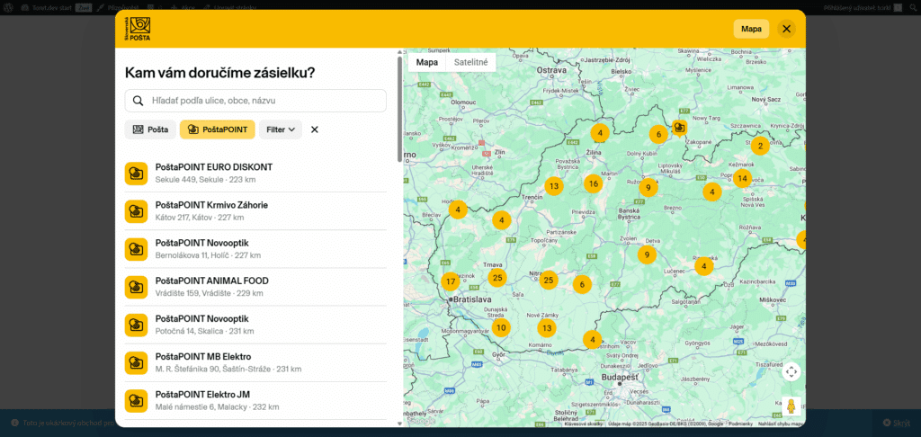Slovenská pošta - widget s mapou