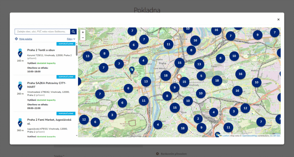 widget s mapou - GO balík + Balíkovna