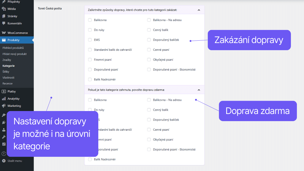 Plugin Toret Česká pošta pro WooCommerce - nastavení dopravy pro kategorii