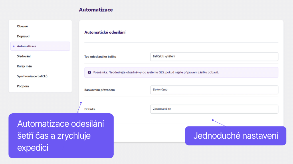 Plugin Toret GLS pro WooCommerce - nastavení automatizace