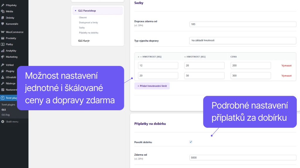 Plugin Toret GLS pro WooCommerce - nastavení dopravy (2)