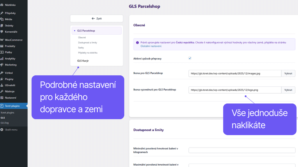 Plugin Toret GLS pro WooCommerce - nastavení dopravy