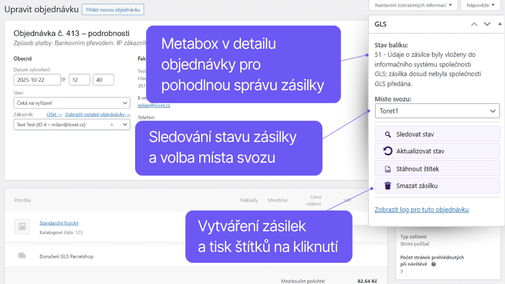 Plugin Toret GLS pro WooCommerce - správa objednávek (2)