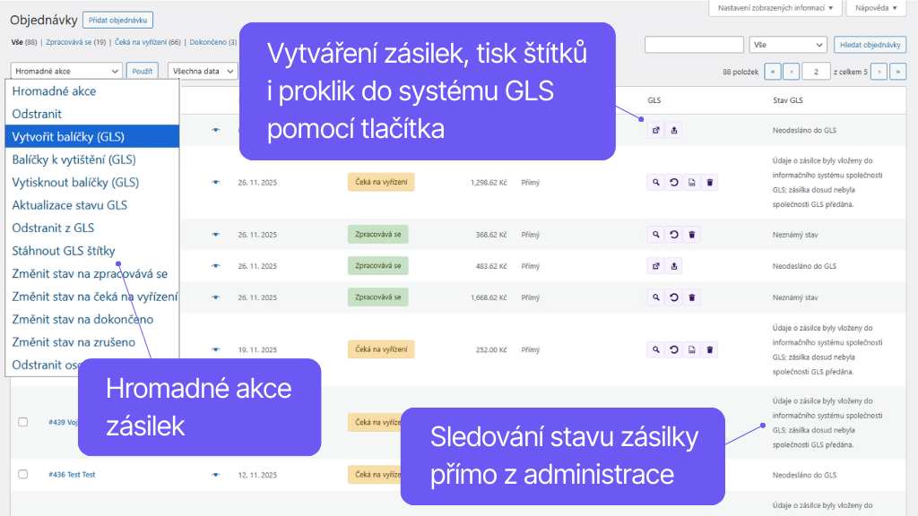 Plugin Toret GLS pro WooCommerce - správa objednávek