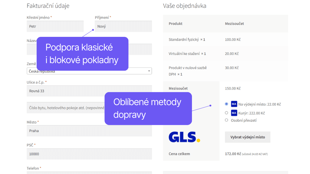 Plugin Toret GLS pro WooCommerce - zobrazení v pokladně