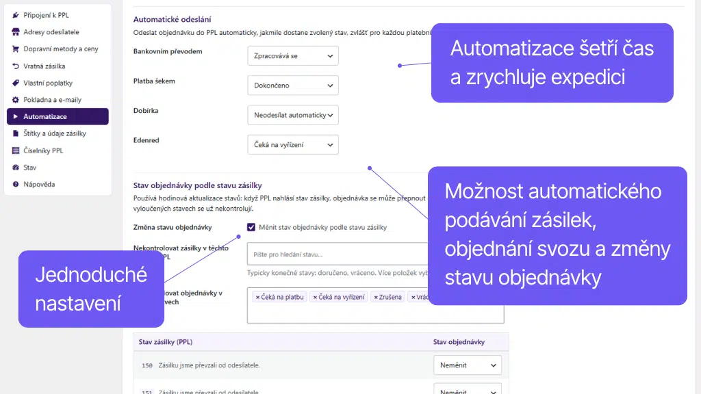 Plugin Toret PPL pro WooCommerce - nastavení automatizace