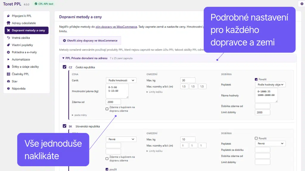 Plugin Toret PPL pro WooCommerce - nastavení dopravy