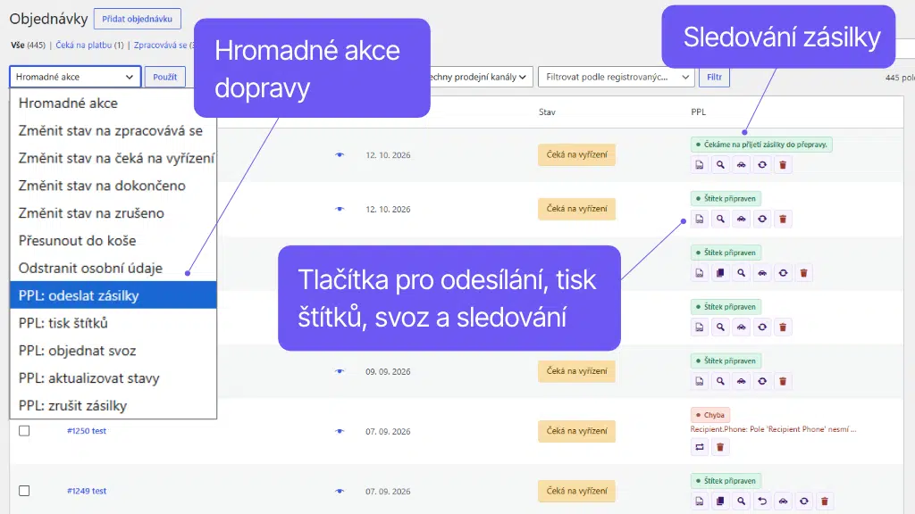Plugin Toret PPL pro WooCommerce - správa objednávek