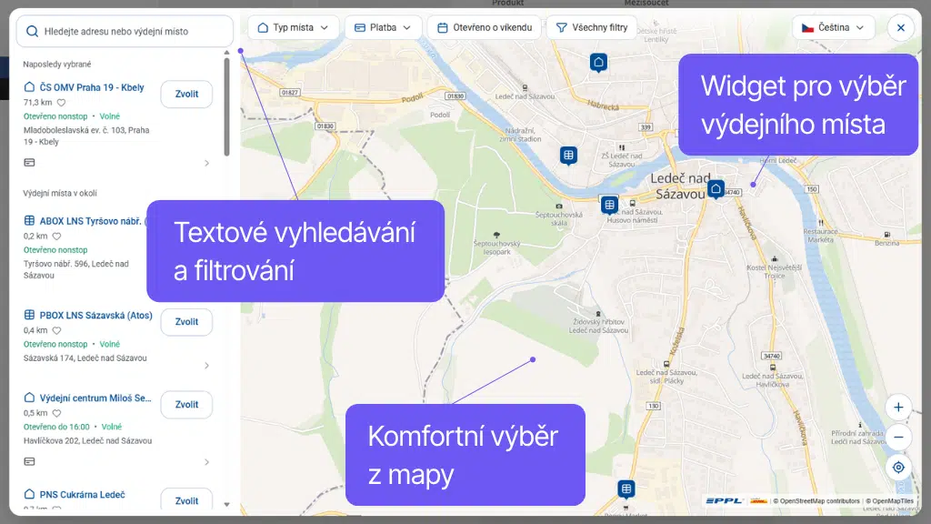 Plugin Toret PPL pro WooCommerce - widget s mapou pro výběr poboček