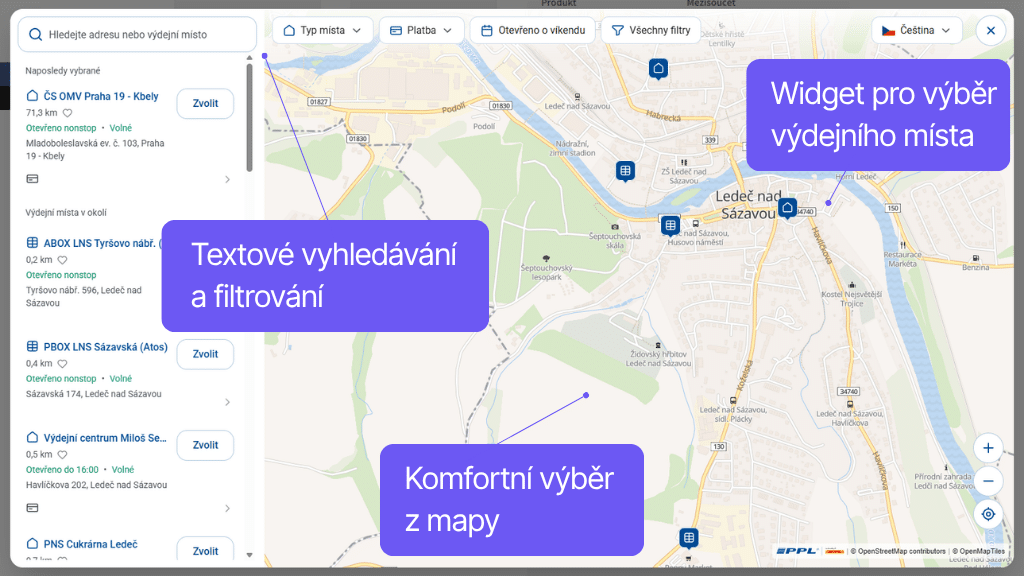 Plugin Toret PPL pro WooCommerce - widget s mapou pro výběr poboček