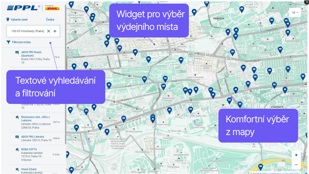 Plugin Toret PPL pro WooCommerce - widget s mapou pro výběr poboček