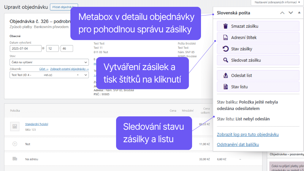 Plugin Toret Slovenská pošta - detail objednávek