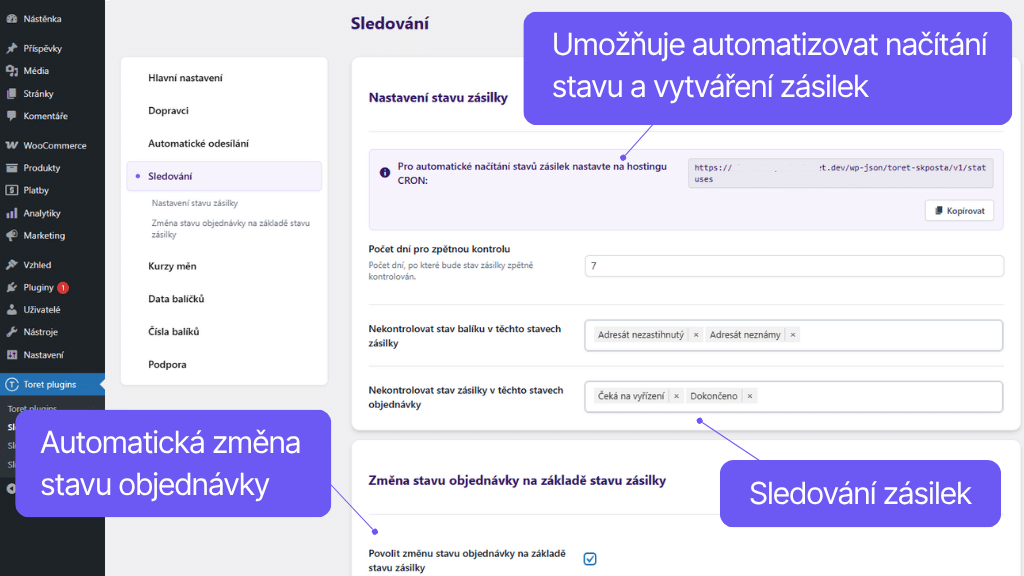 Plugin Toret Slovenská pošta - nastavení automatizace