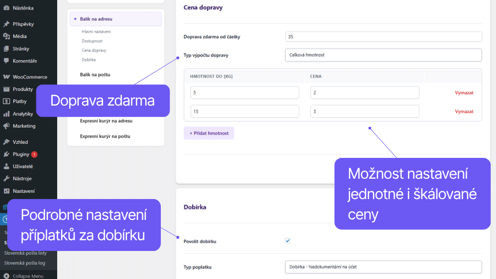 Plugin Toret Slovenská pošta - nastavení ceny