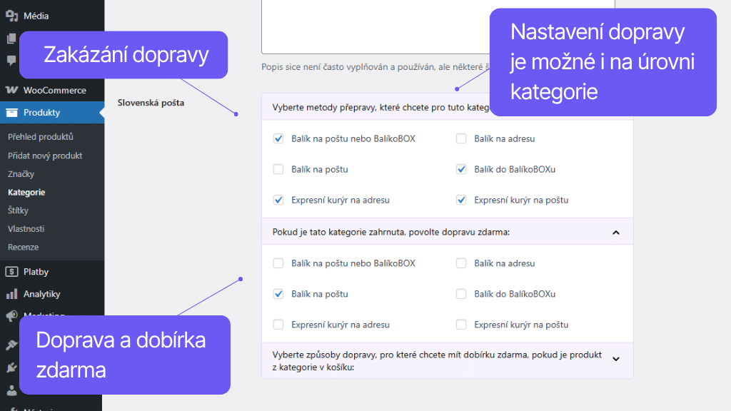 Plugin Toret Slovenská pošta - nastavení pro kategorii