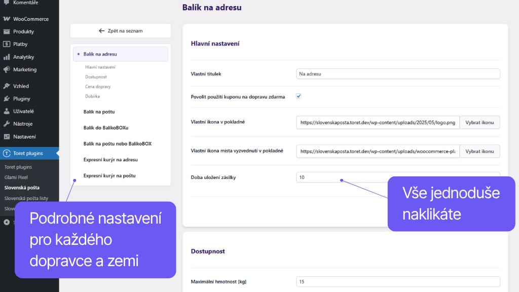 Plugin Toret Slovenská pošta - nastavení