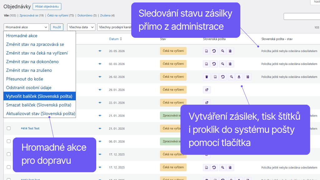 Plugin Toret Slovenská pošta - přehled objednávek