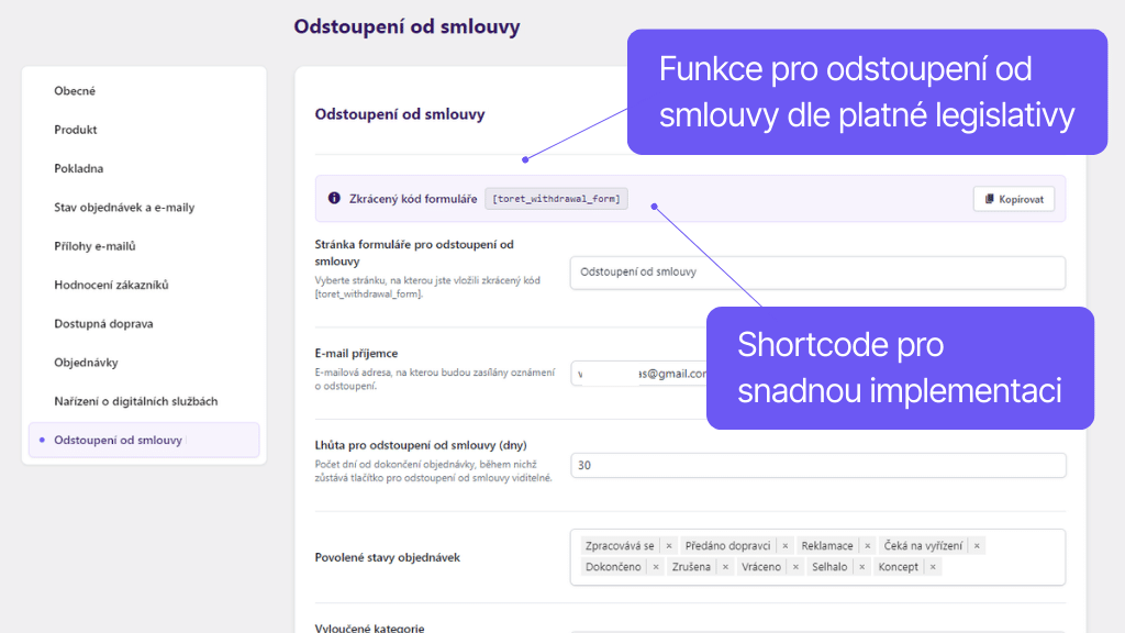 Plugin Toret Toolkit pro WooCommerce - nastavení funkcí pro odstoupení od smlouvy