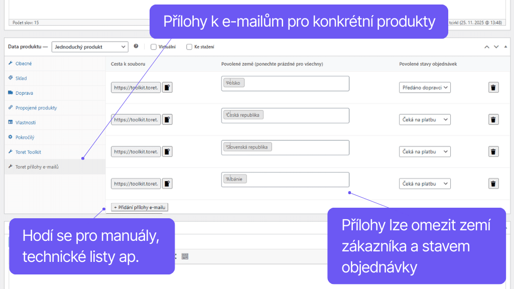 Plugin Toret Toolkit pro WooCommerce - nastavení příloh e-mailů k produktu