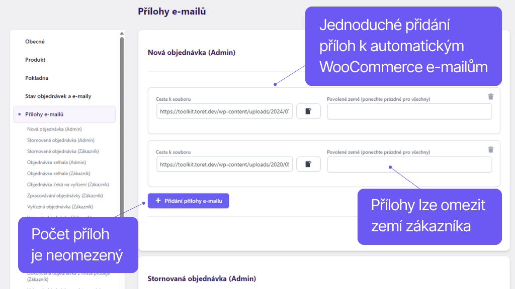 Plugin Toret Toolkit pro WooCommerce - nastavení příloh e-mailů
