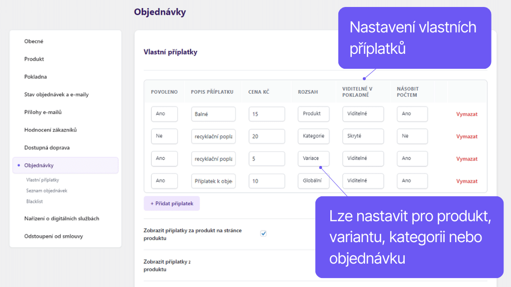 Plugin Toret Toolkit pro WooCommerce - nastavení vlastních příplatků