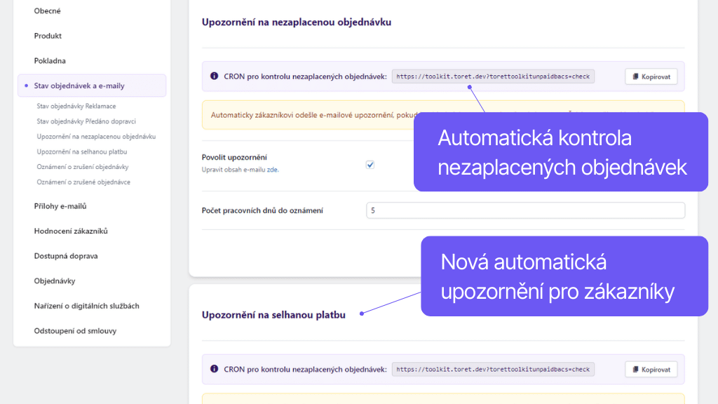 Plugin Toret Toolkit pro WooCommerce - nové stavy objednávek a e-mailová upozornění (2)