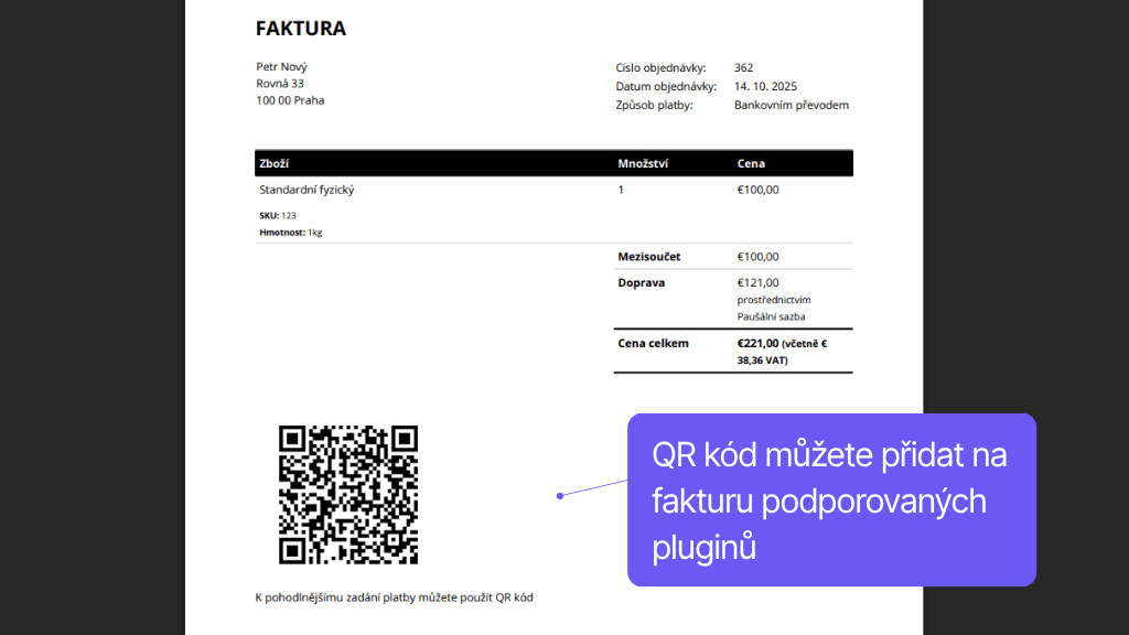 WooCommerce plugin QR kódy - zobrazení na faktuře