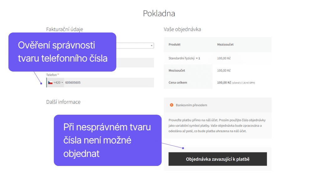 Plugin Telefon pro WooCommerce - zobrazení v pokladně