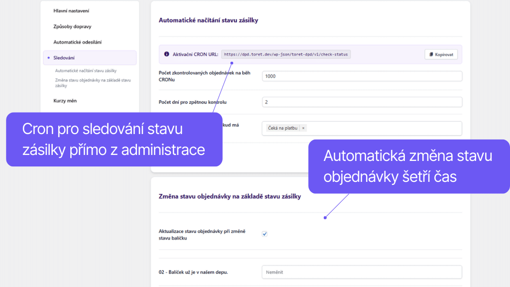 Toret plugin DPD pro WooCommerce - nastavení automatizace