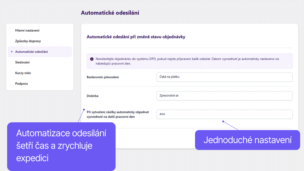 Toret plugin DPD pro WooCommerce - nastavení automatizace