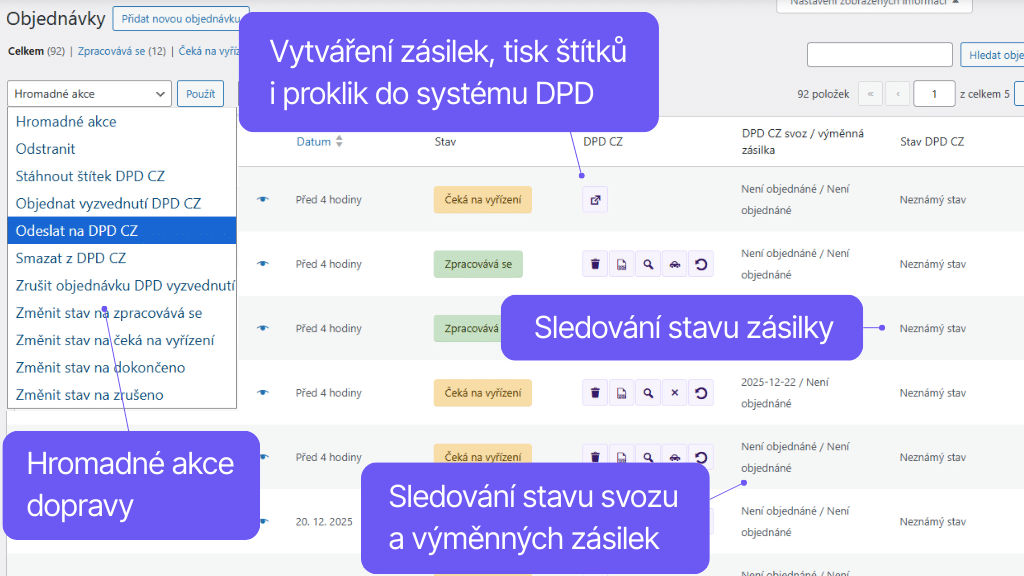 Toret plugin DPD pro WooCommerce - správa zásilek