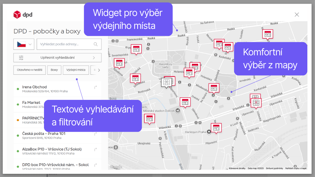 Toret plugin DPD pro WooCommerce - widget s mapou do pokladny