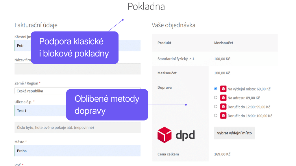 Toret plugin DPD pro WooCommerce - zobrazení v pokladně