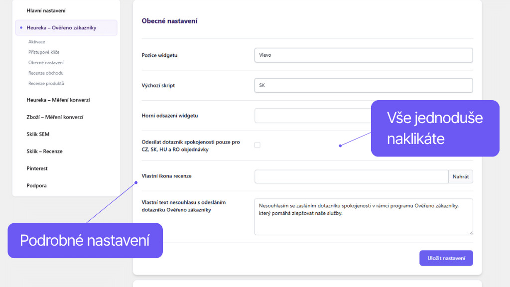 Toret plugin Srovnávače zboží pro WooCommerce - nastavení pluginu