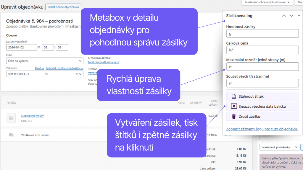 Toret plugin WooCommerce Zásilkovna - funkce v detailu objednávky