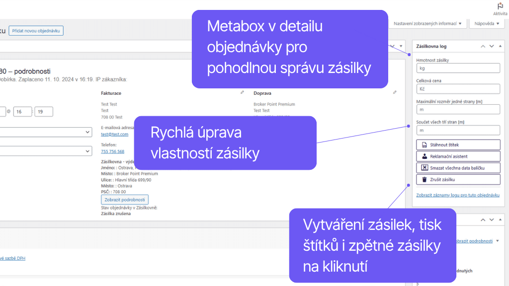 Toret plugin WooCommerce Zásilkovna - funkce v detailu objednávky