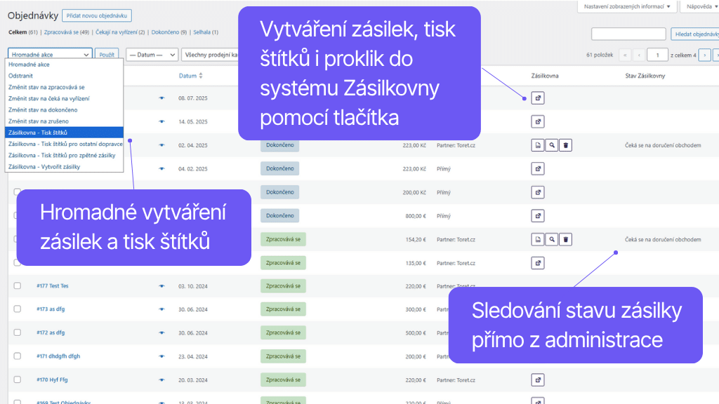 Toret plugin WooCommerce Zásilkovna - funkce v přehledu objednávek
