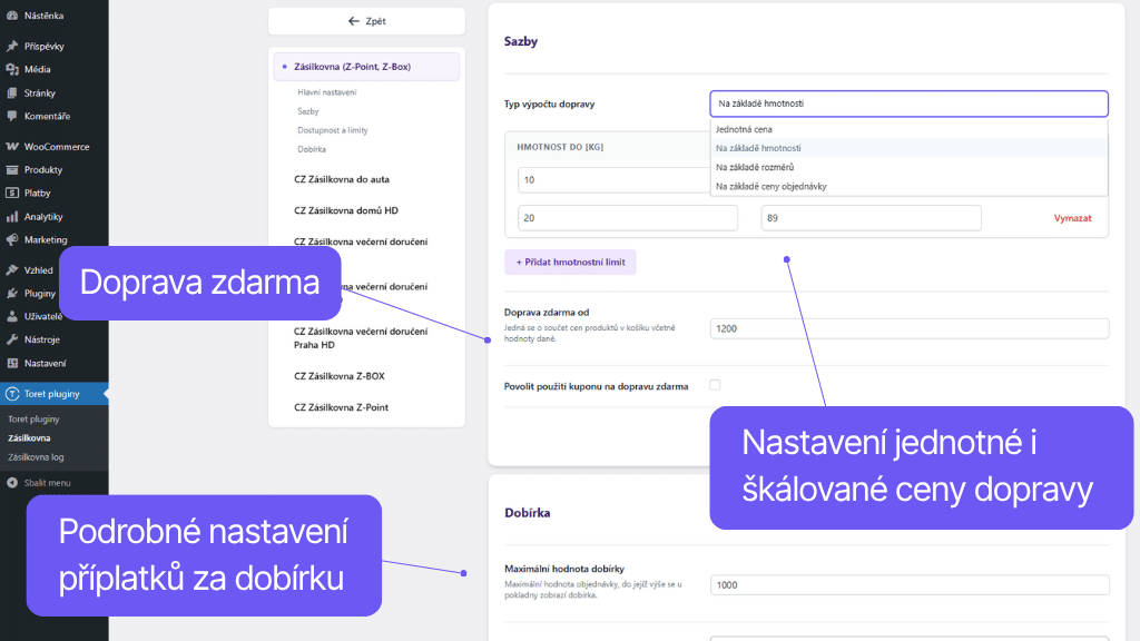 Toret plugin WooCommerce Zásilkovna - nastavení ceny dopravy