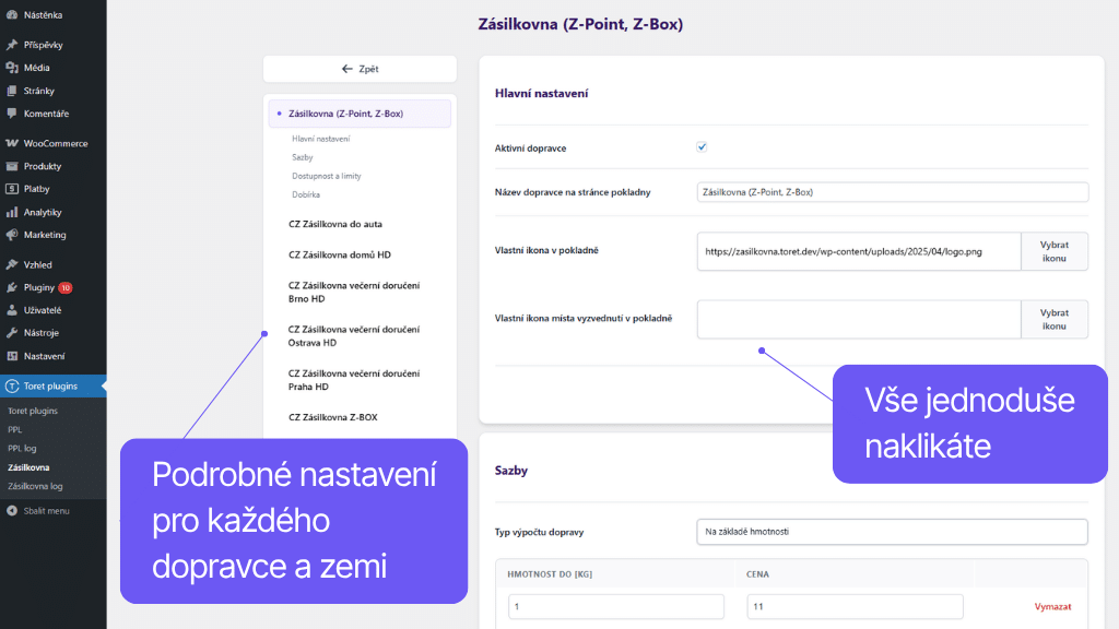 Toret plugin WooCommerce Zásilkovna - nastavení dopravce