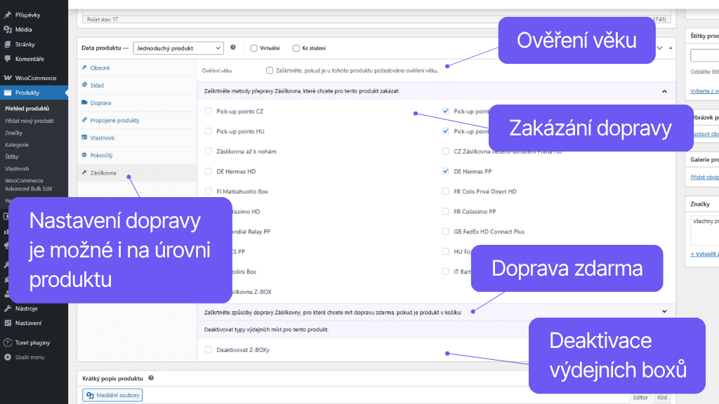 Toret plugin WooCommerce Zásilkovna - nastavení dopravy na úrovni produktu