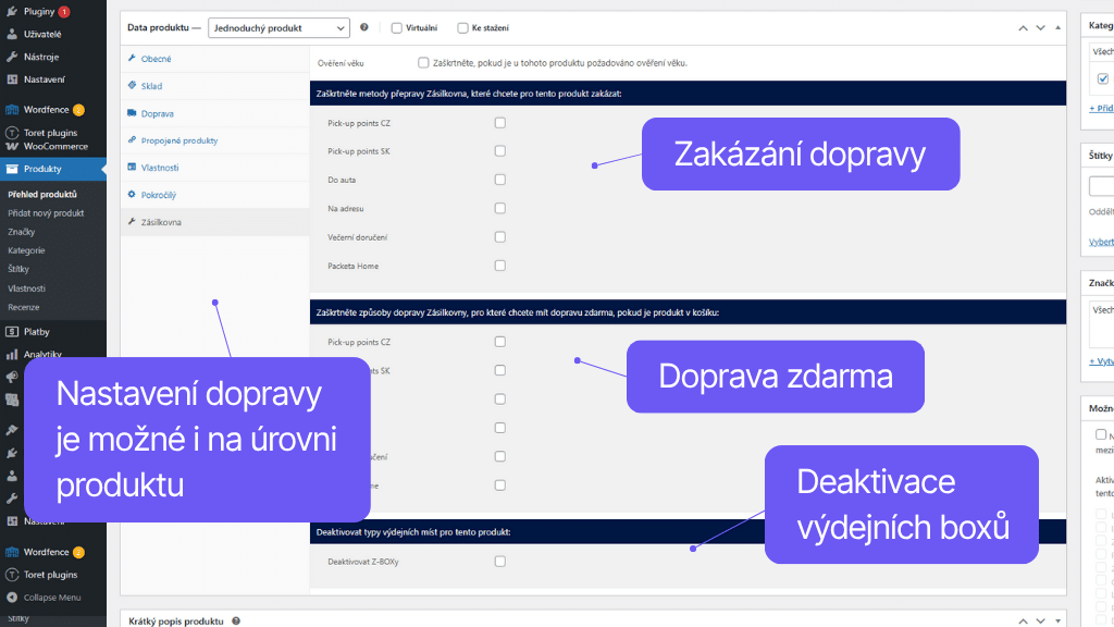 Toret plugin WooCommerce Zásilkovna - nastavení dopravy na úrovni produktu