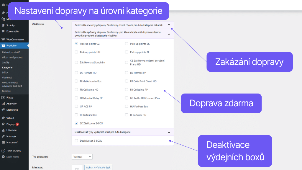Toret plugin WooCommerce Zásilkovna - nastavení dopravy pro kategorie