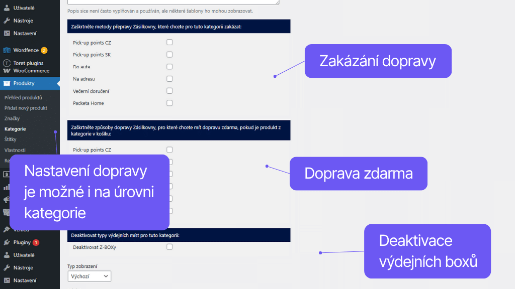 Toret plugin WooCommerce Zásilkovna - nastavení dopravy pro kategorie