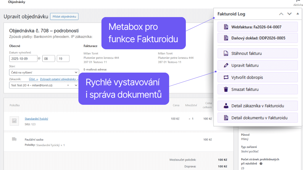 WooCommerce plugin Fakturoid - funkce v detailu objednávky