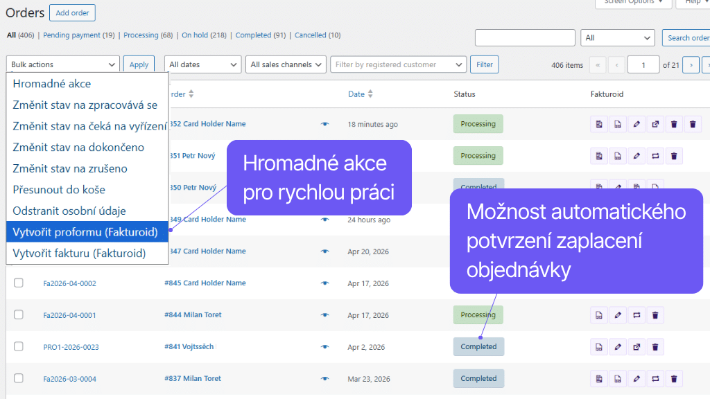 WooCommerce plugin Fakturoid - funkce v přehledu objednávek