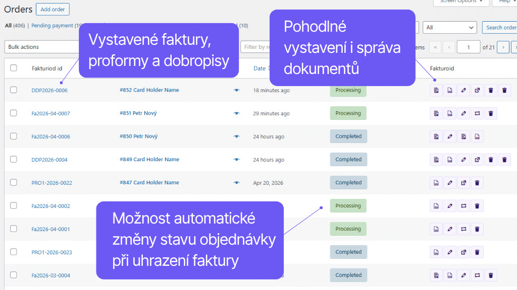 WooCommerce plugin Fakturoid - funkce v přehledu objednávek