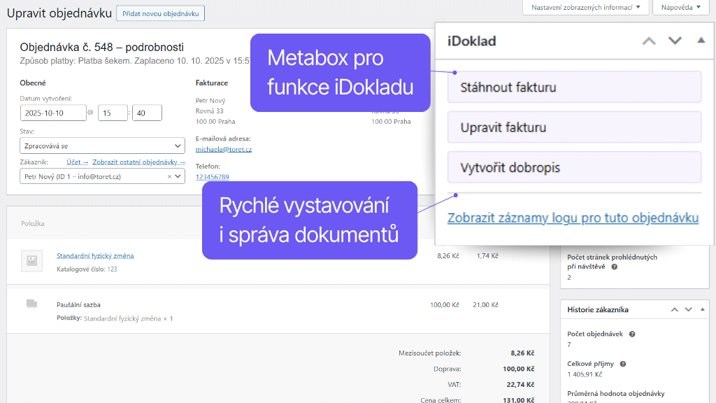 WooCommerce plugin iDoklad - funkce v detailu objednávky